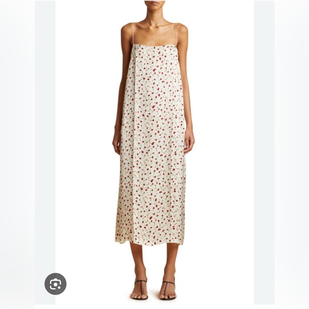 KHAITE Cream Slip Dress with Red Floral Print - Picture 2 of 10